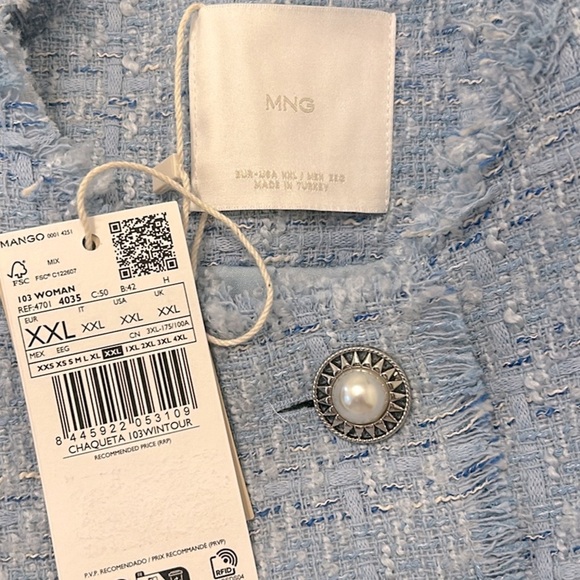 Mango Blogger Favorite Pocket Tweed Jacket Light Blue Pearl Buttons NWT Size XL - Picture 11 of 12